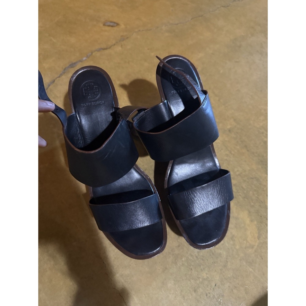 Tory Burch Leather Black Wedges Size 10 Women's‎ Straps